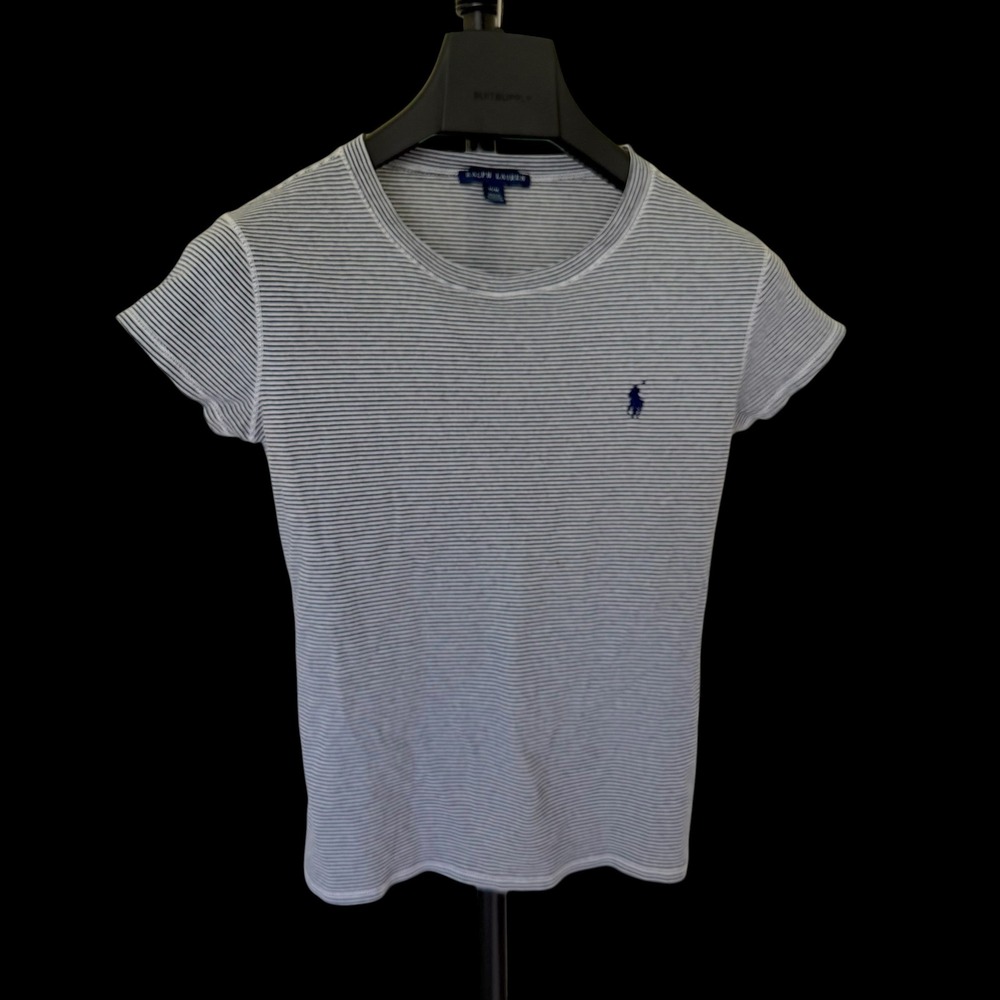 Ralph Lauren Womens Navy White Striped Short Sleeve T-Shirt Pony Logo Medium